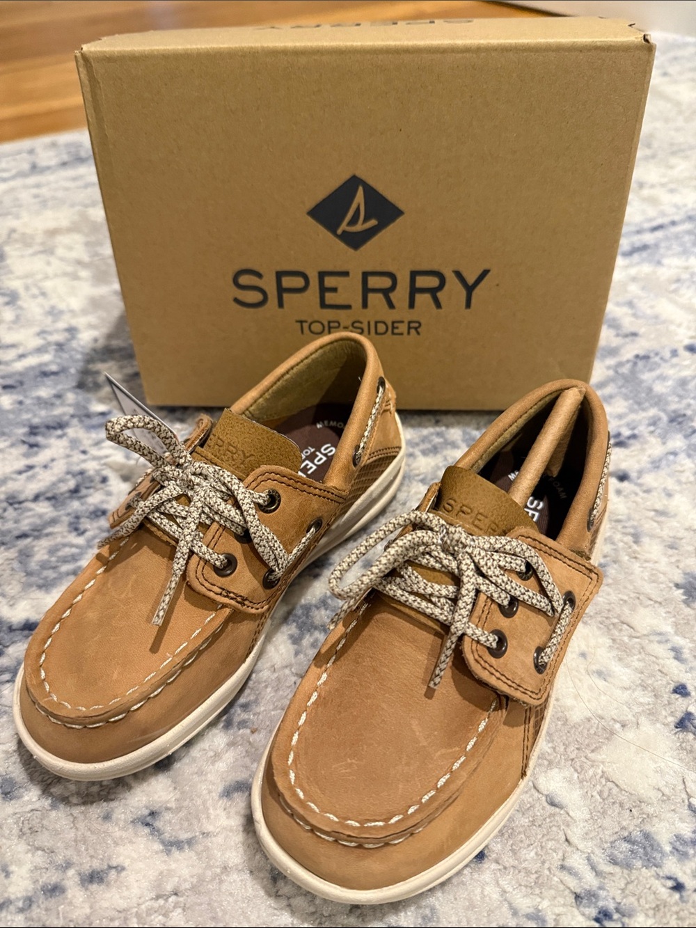 Sperry Kids Tan Leather Boat Shoes with Patterned Laces